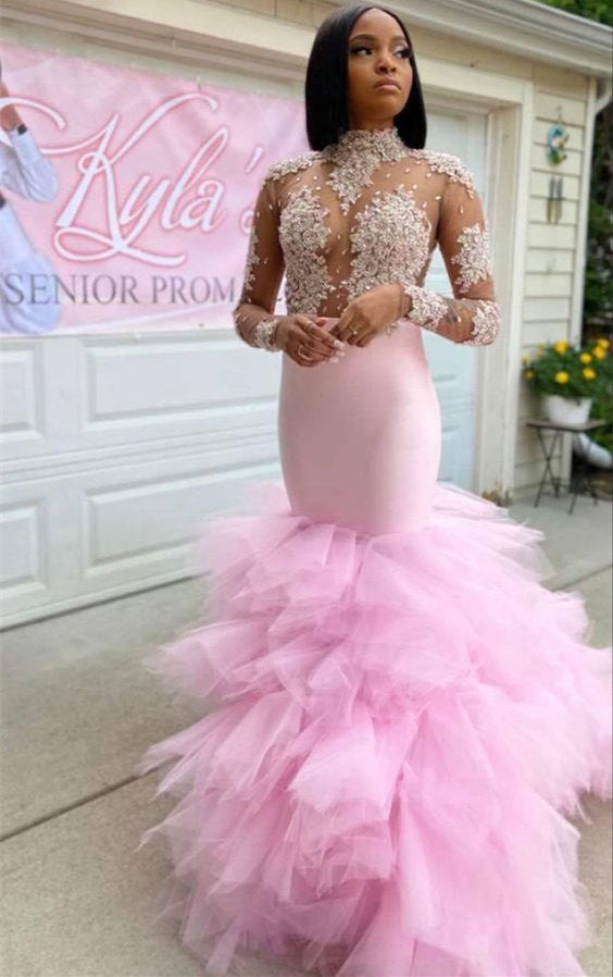 Hidais Pink Tulle High Neck Long Sleeves Mermaid Prom Dress With Lace Appliques