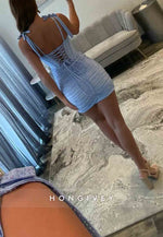 Sparkle Ruched Bodycon Beaded Homecoming Dress with Corset Bodiceand Tie Straps