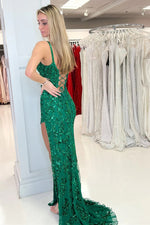 Exquisite Blue Embroidery Sequin Appliques Long Prom Dress with Slit