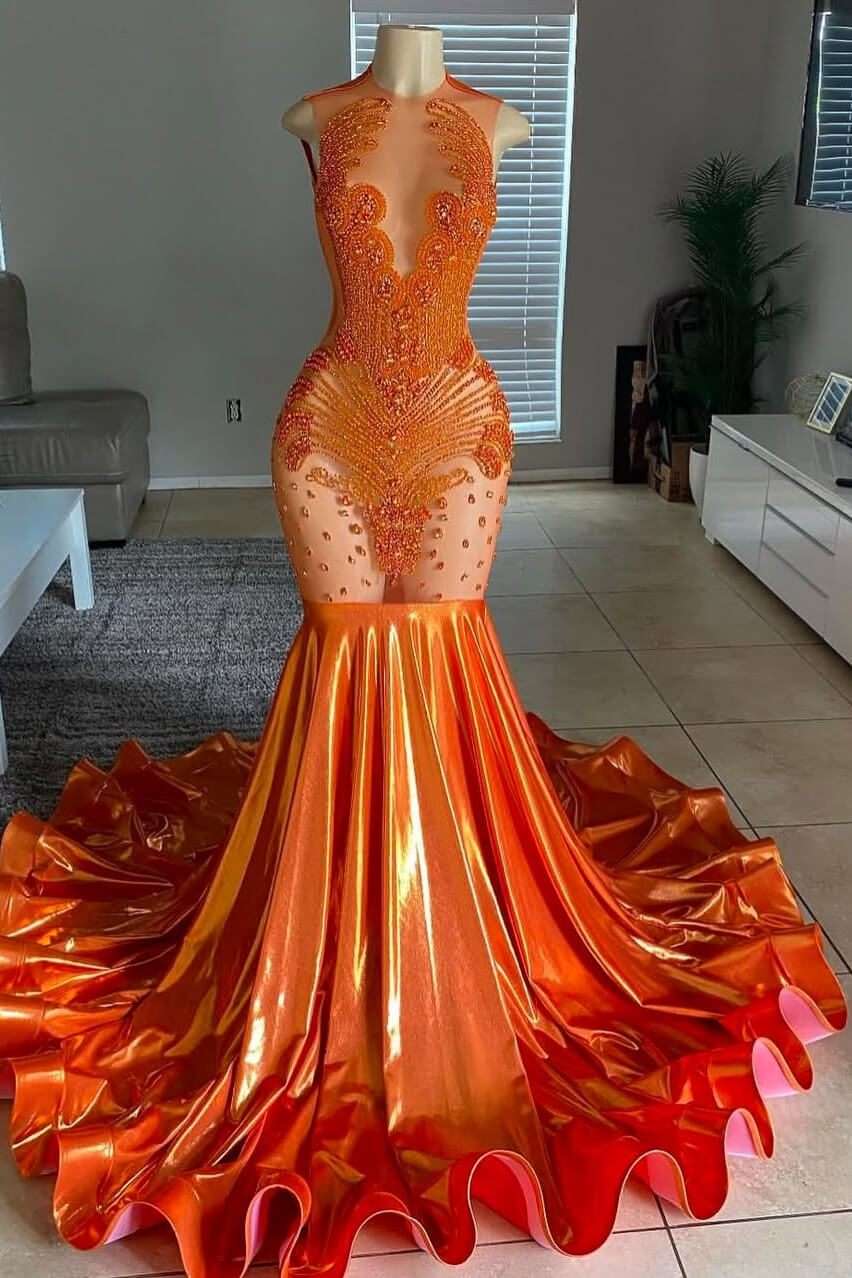 Orange Sleeveless Scoop Prom Dresses Mermaid Long With Beadings Crystals