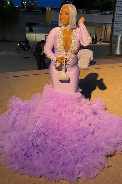 V Neck Long Sleeves Mermaid Long Prom Dress Tulle Trumpet With Appliques