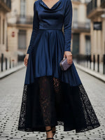 A-Line Lace Cowl Neck Hem High-Low Draped Satin Evening Dress