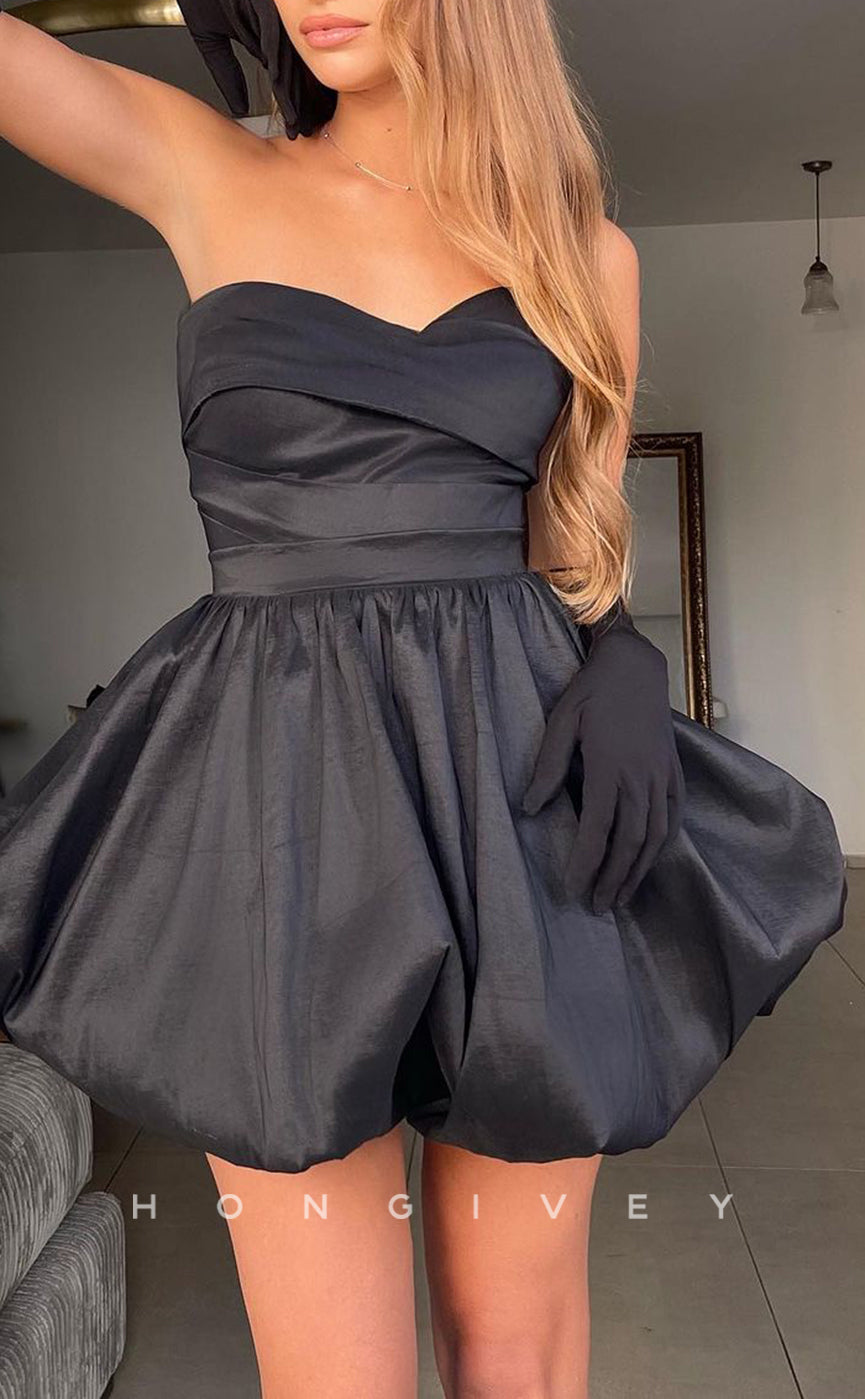 H2165 - Black Satin A-Line Sweetheart Strapless Lace-Up Party/Homecoming Dress