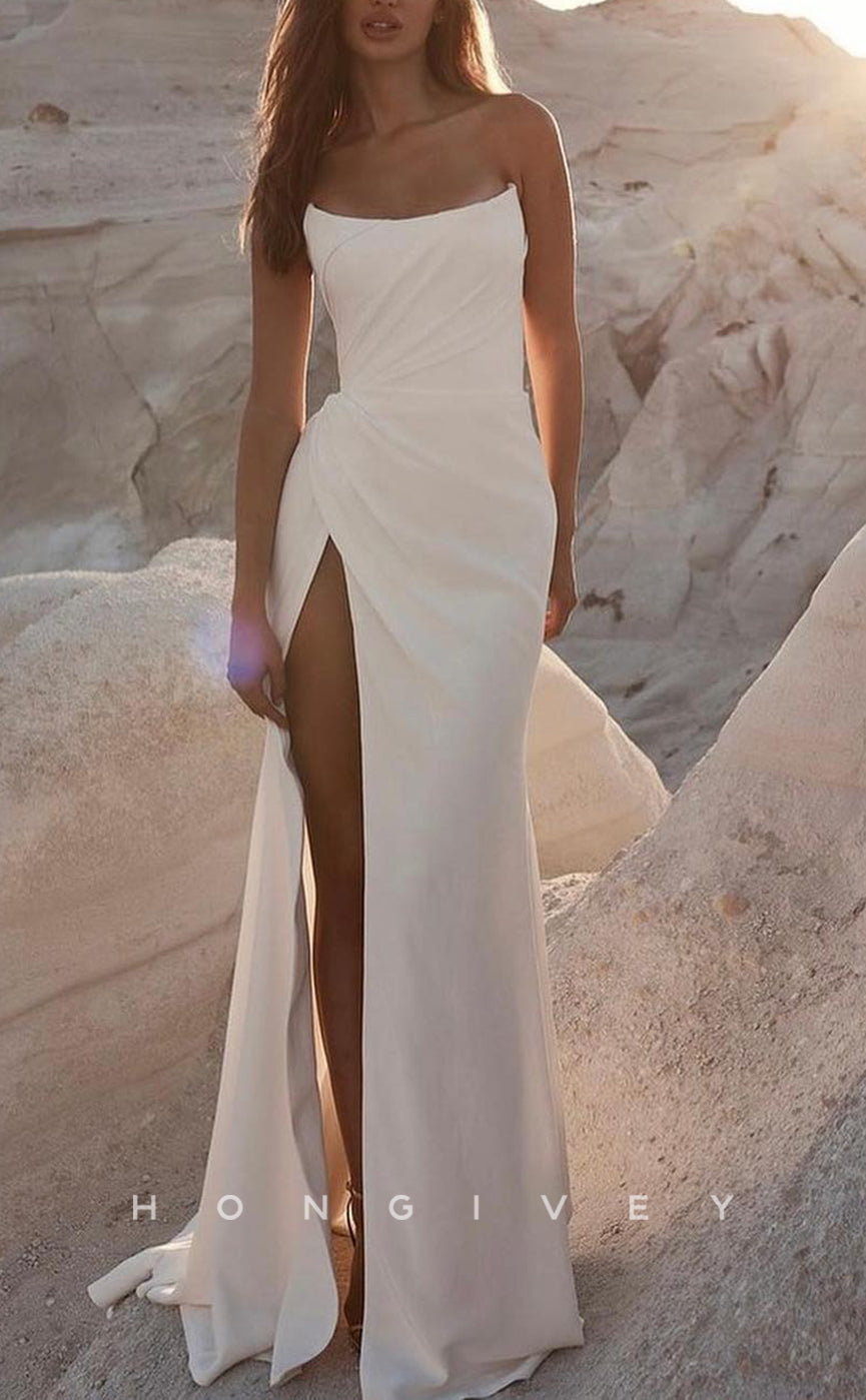 H1759 - Sexy Fitted Bateau Strapless With Side Slit Pleats Wedding Dress