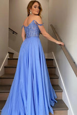 Periwinkle Off-Shoulder V-Neck A-Line Princess Prom Dress