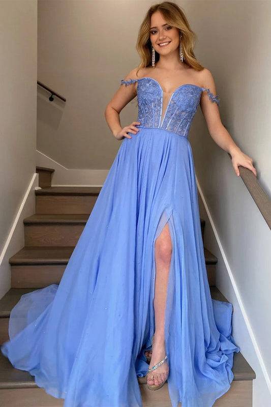Periwinkle Off-Shoulder V-Neck A-Line Princess Prom Dress