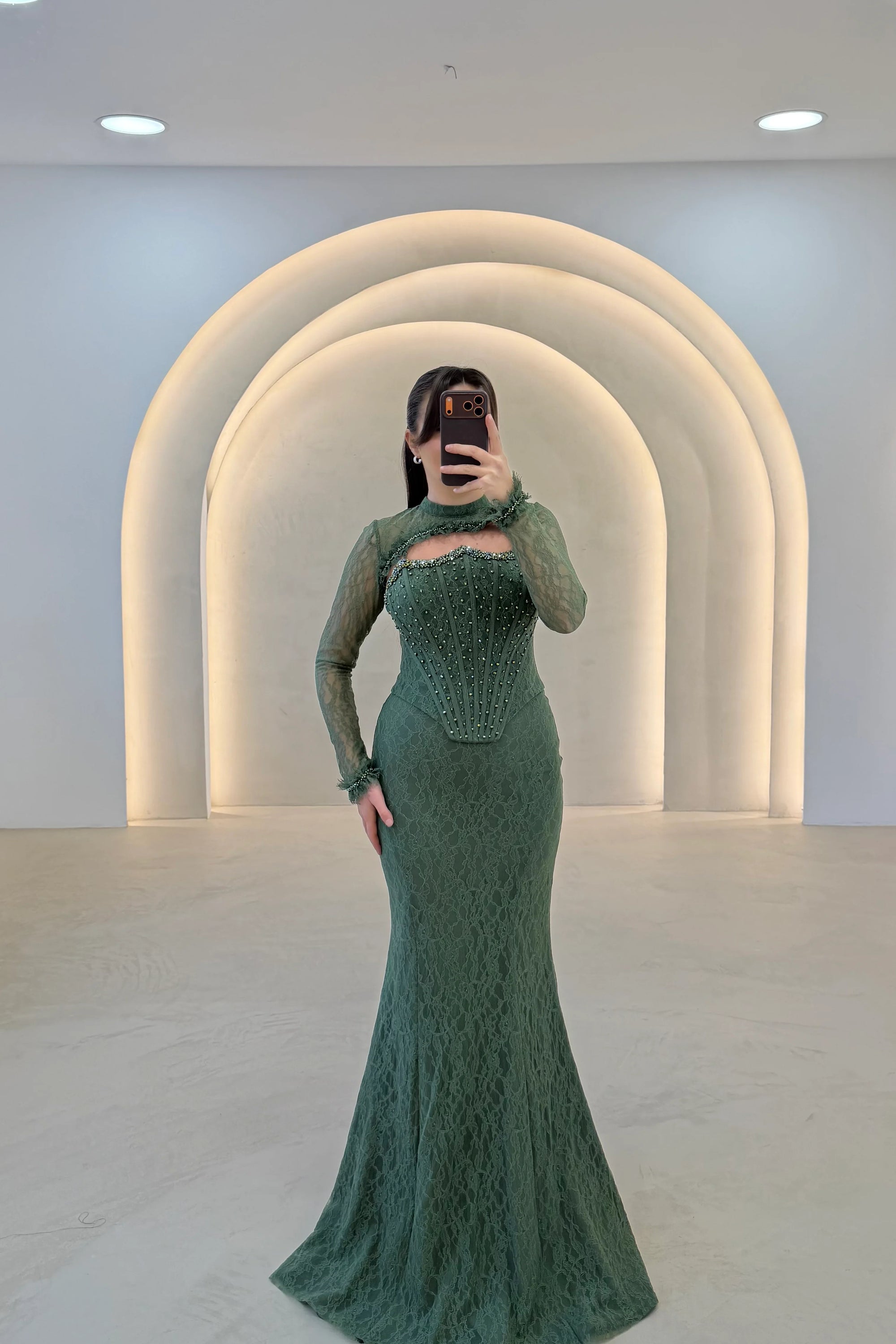 Lace Long Sleeve Mermaid Backless Floor-Length Evening Dress
