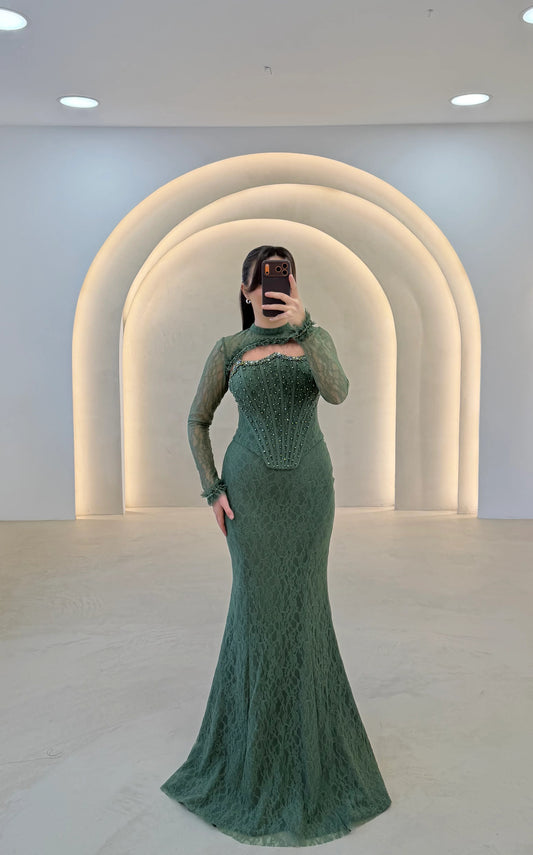 Lace Long Sleeve Mermaid Backless Floor-Length Evening Dress