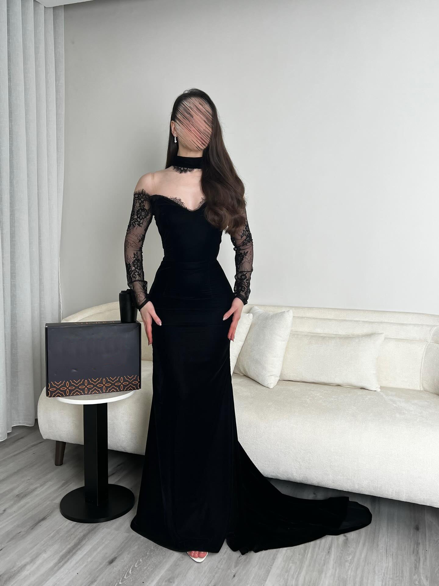 Black Off the Shoulder Lace Long Sleeve Mermaid Floor-Length Evening Dress