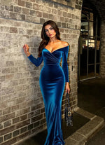 Formal Evening Dress Blue Velvet Off The Shoulder Long Sleeve Maxi Dress