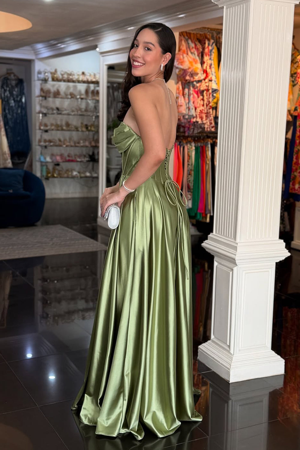 Elegant A-Line Sweetheart Sage Green Satin Long Prom Dresses with Pockets