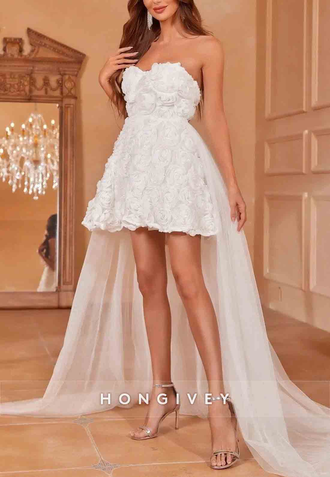 Strapless Stereo Flowers Mesh Detachable A-Line Overlay Tube Wedding Dress