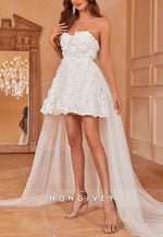 Strapless Stereo Flowers Mesh Detachable A-Line Overlay Tube Wedding Dress