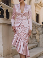 Tailored Pink Satin Blazer And Ruffled Skirt Set Formal Gowns