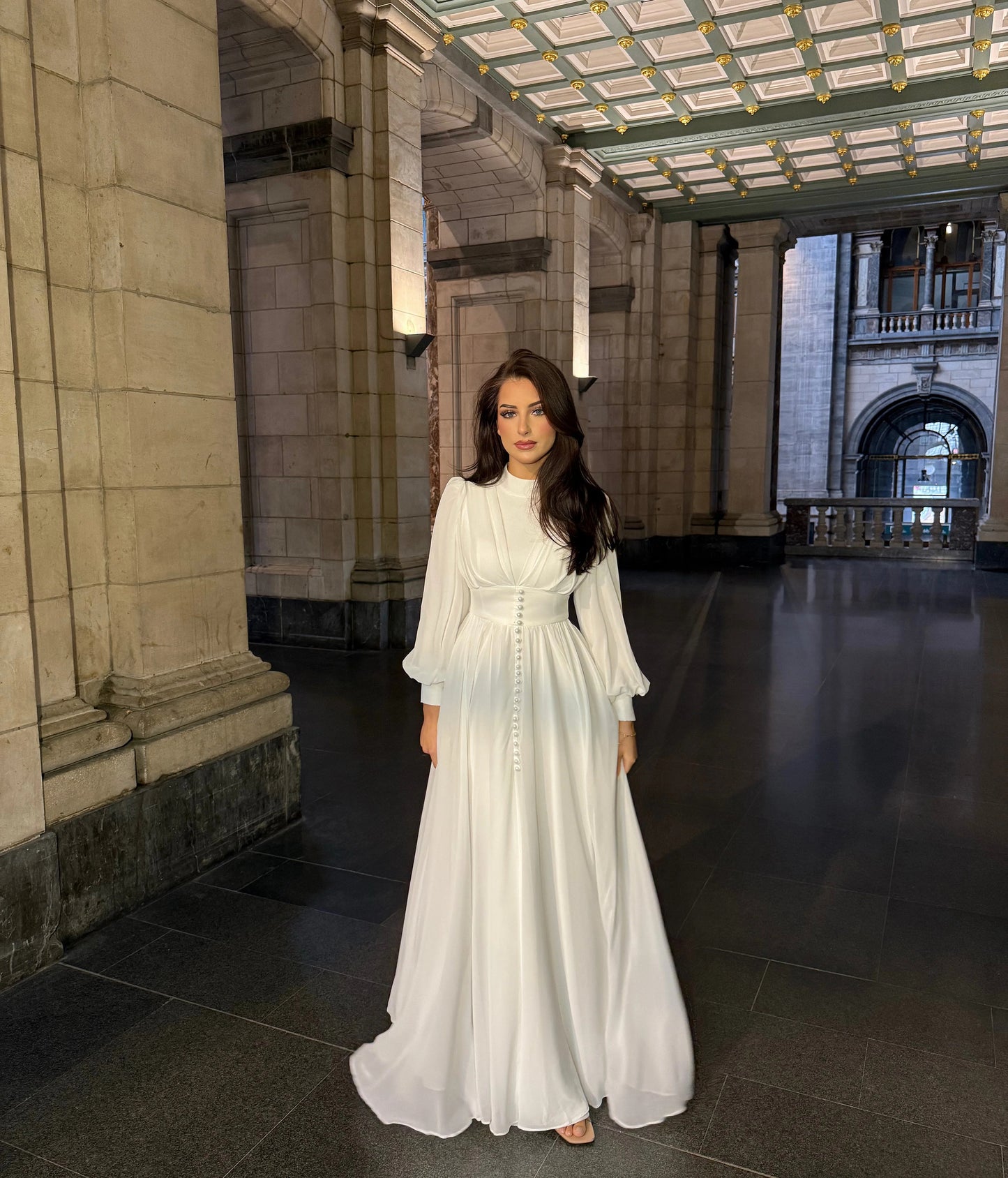 Elegant High Neck Putty Long Sleeve Button A-Line Floor-Length Evening Dress