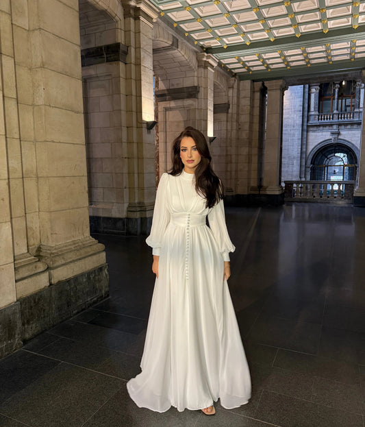 Elegant High Neck Putty Long Sleeve Button A-Line Floor-Length Evening Dress