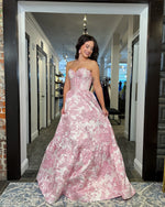 Fashion Pink White Floral Print A-Line Floor-Lenght Prom Dress Sleeveless
