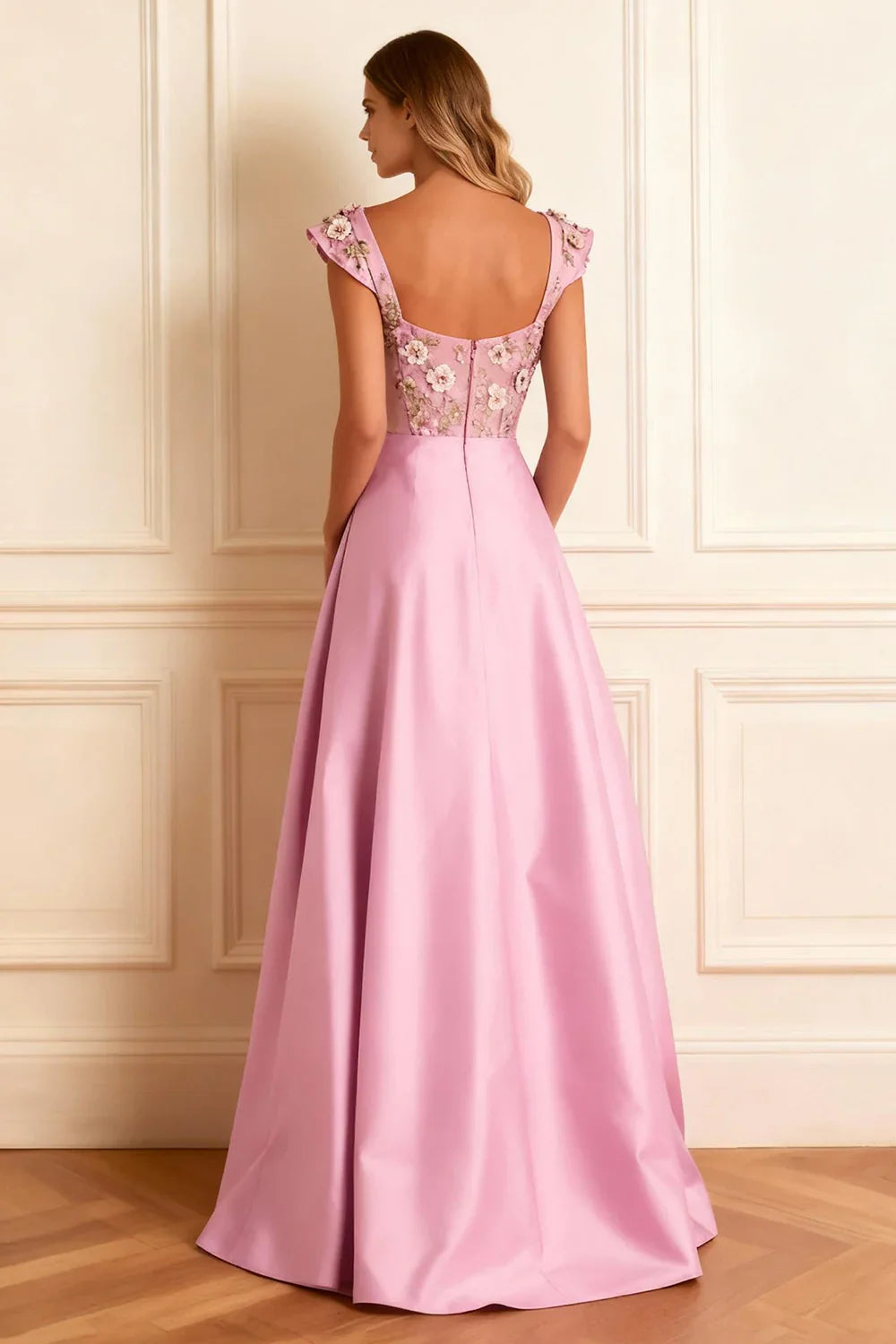 Exquisite Formal Women Pink Satin A Line Cape Sleeve 3D Floral Ruched with Slit Backless Long Prom Dress