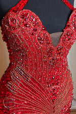 Red Halter Sleeveless Mermaid Sequins Prom Dress Long With Beadings