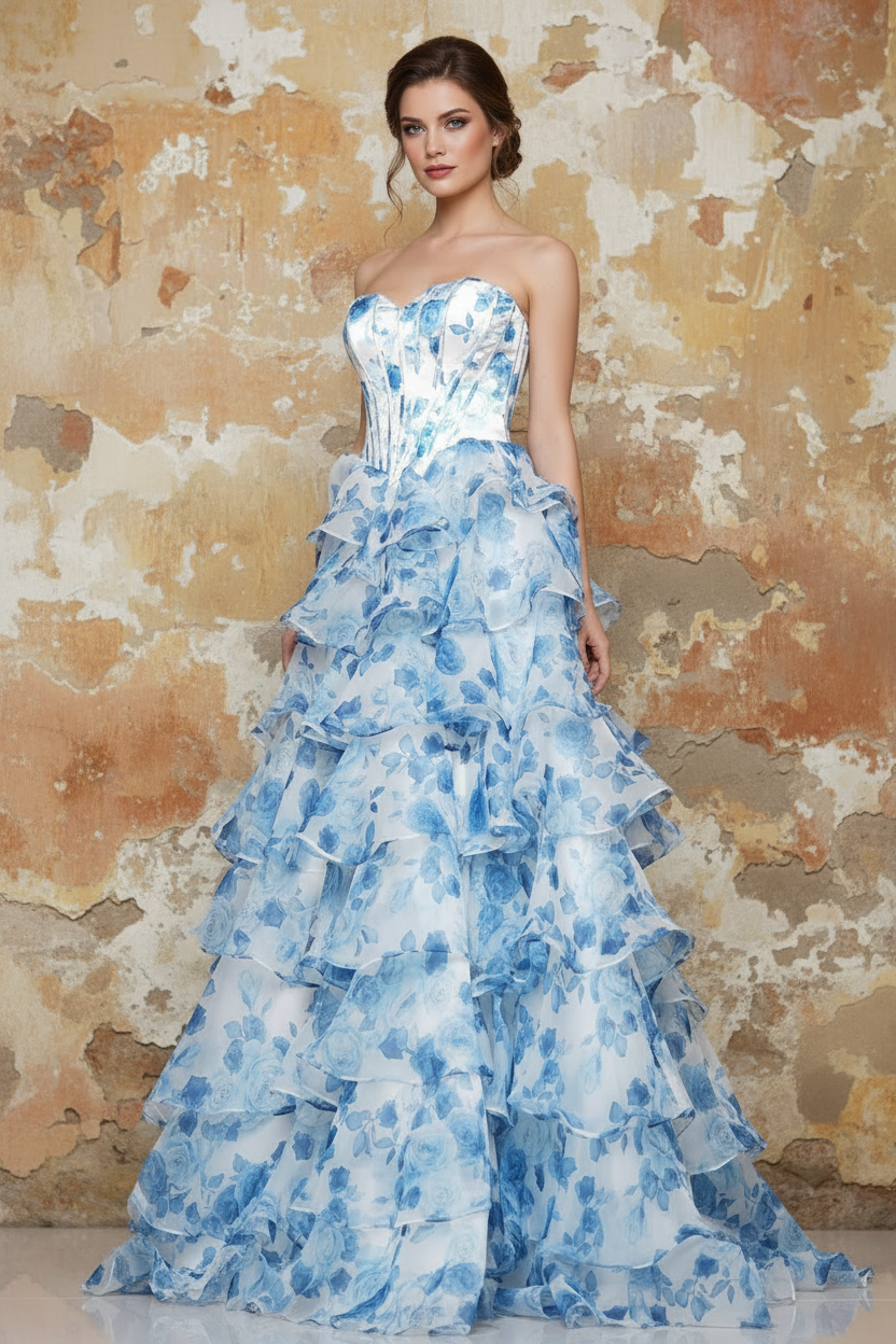 Strapless Long Ruffle A-Line Floral Print Prom Gown