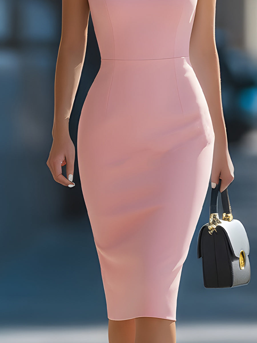 Blush Pink Off-Shoulder Sleeveless Sheath Midi Dress