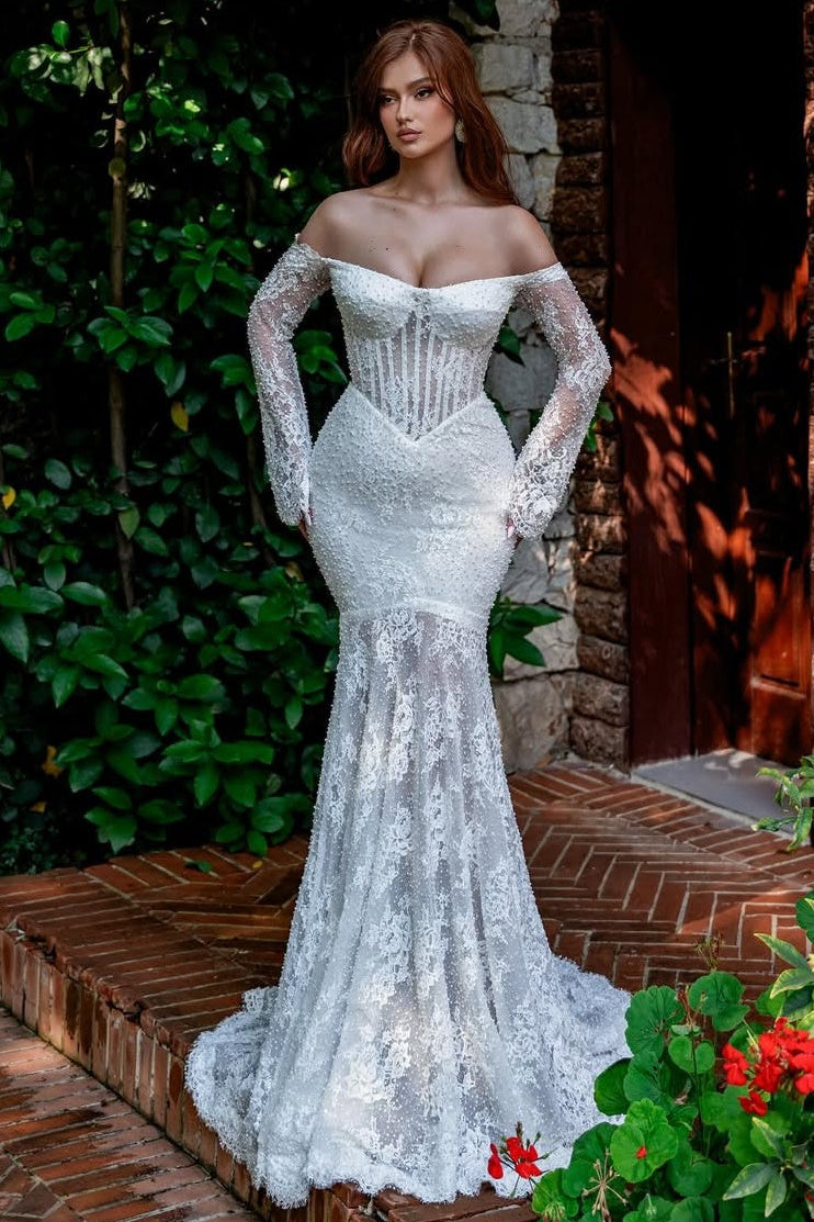 White Long Lace Sleeves Strapless V Neck Mermaid Long Wedding Dress