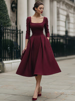 Elegant Square-Neck Plain A-Line Midi Evening Dress