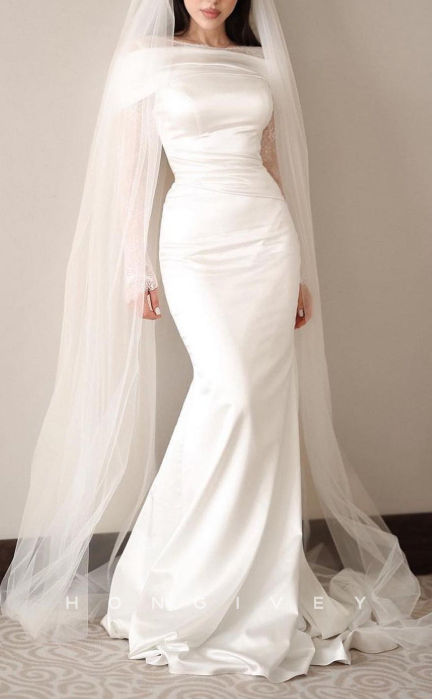 H1685 - Trumpet Round Long Lace Sleeves Ruched Beach Wedding Dress