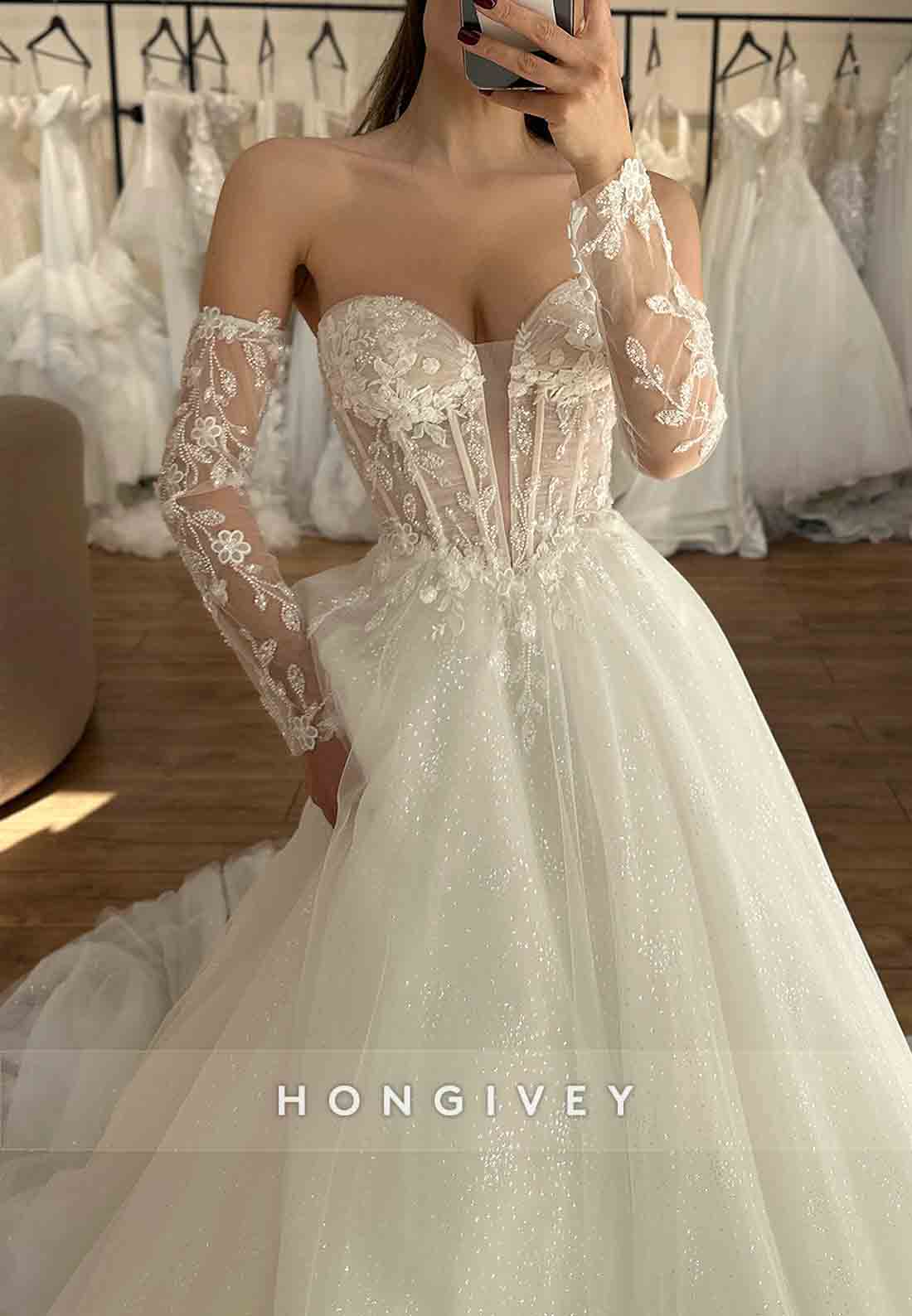 A-Line Off the Shoulder Court Train Sweetheart Tulle Long Sleeves Wedding Dresses