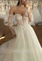 A-Line Off the Shoulder Court Train Sweetheart Tulle Long Sleeves Wedding Dresses