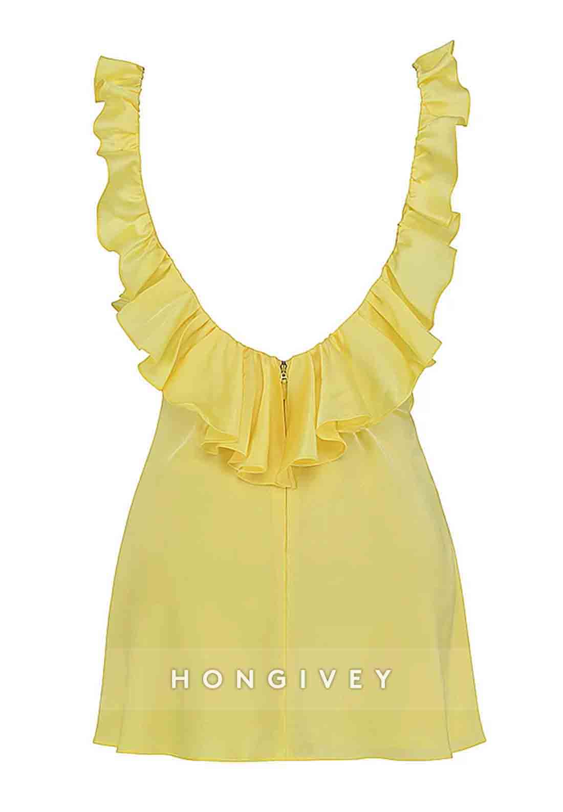 Pretty Sheath V Neck Low Back Yellow Short Homecoming Dress with Ruffles