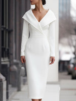 Oversized Collar Fitted White Midi Evening Dress
