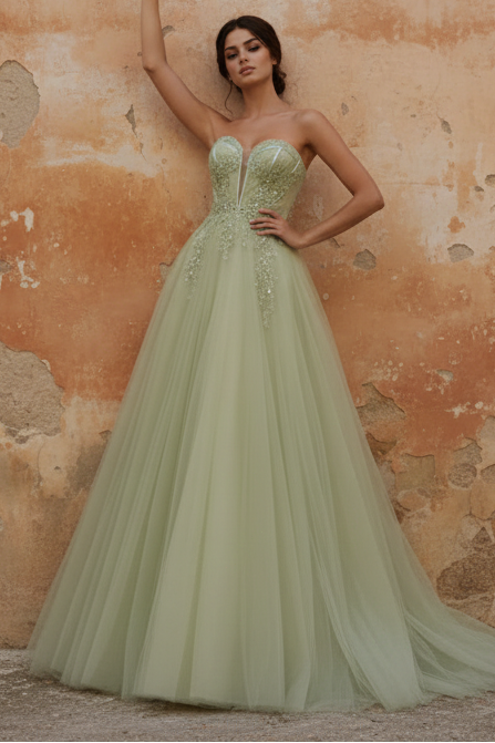 Strapless Long Corset Tulle A-Line Prom Dress