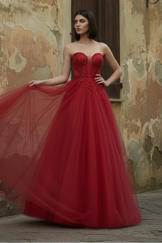 Strapless Long Corset Tulle A-Line Prom Dress