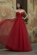 Strapless Long Corset Tulle A-Line Prom Dress