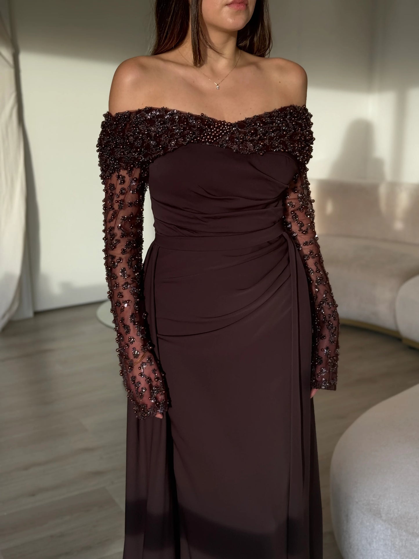 Off the Shoulder Lace Long Sleeve Beaded Mermaid Evening Dress Court Train