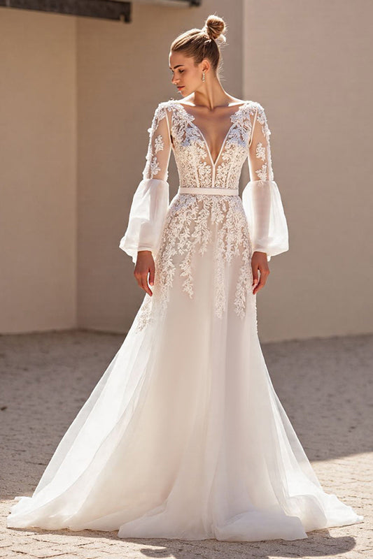 Long Sleeves V-Neck Tulle Bridal Dress A-Line With Lace Appliques Open Back