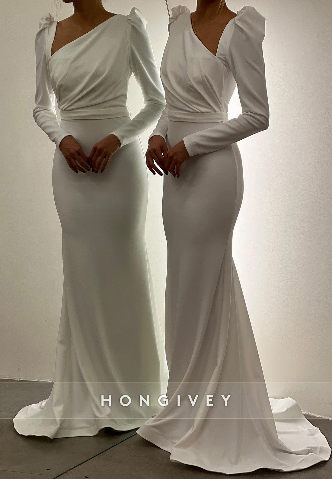 L2966 - Trumpet Asymmetrical Long Sleeve Empire Party Prom Evening Dress