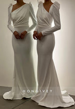 L2966 - Trumpet Asymmetrical Long Sleeve Empire Party Prom Evening Dress