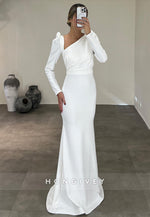 L2966 - Trumpet Asymmetrical Long Sleeve Empire Party Prom Evening Dress