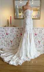 H1723 - Sweetheart Strapless Trumpet Lace Applique With Train Sheer Wedding Dress