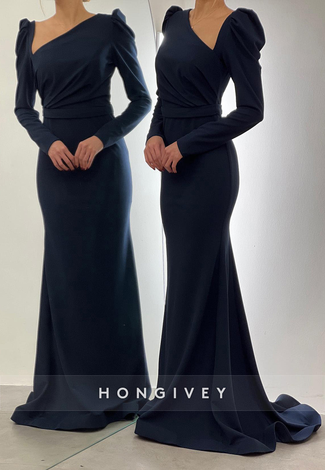 L2966 - Trumpet Asymmetrical Long Sleeve Empire Party Prom Evening Dress