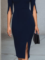 Sleek Navy Cold-Shoulder Midi Dress With Keyhole Detail