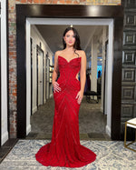 Red Sexy Sweetheart Sequins Beaded Meimaid Sleeveless Prom Dress Floor-Lenght