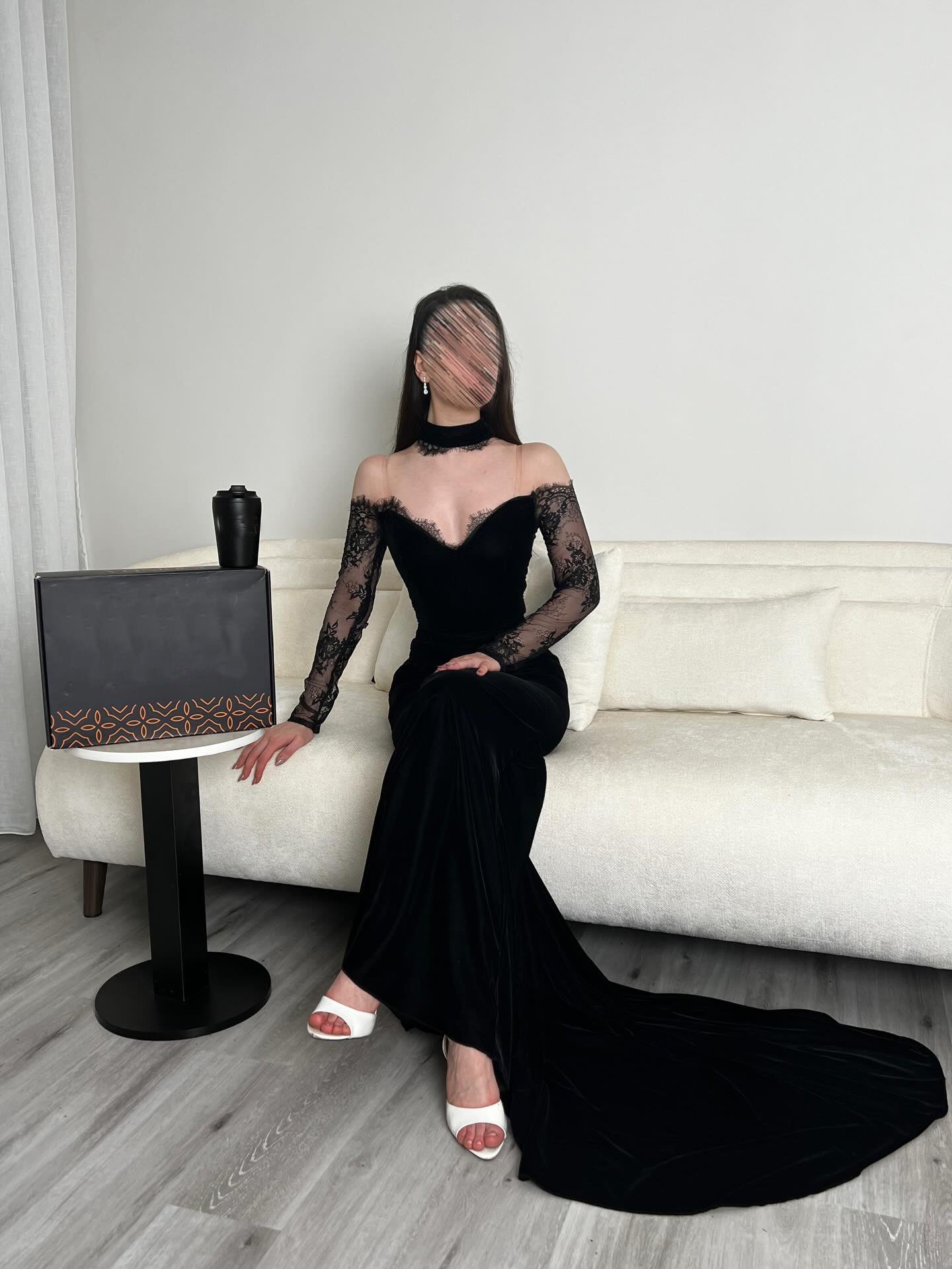 Black Off the Shoulder Lace Long Sleeve Mermaid Floor-Length Evening Dress