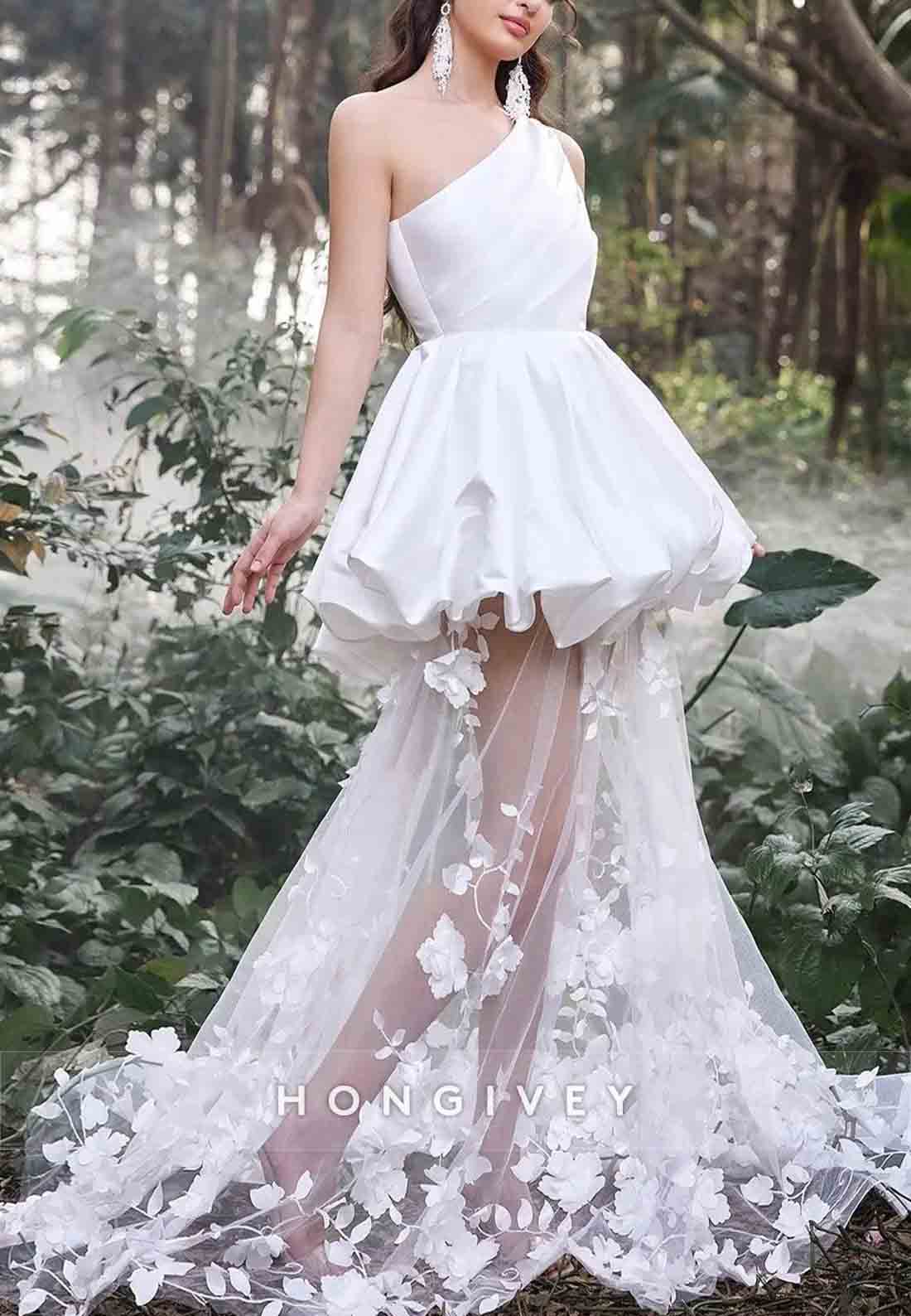 Gorgeous One Shoulder Satin Bodice Contrast Applique Tulle Overlay Wedding Dresses