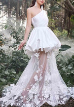 Gorgeous One Shoulder Satin Bodice Contrast Applique Tulle Overlay Wedding Dresses
