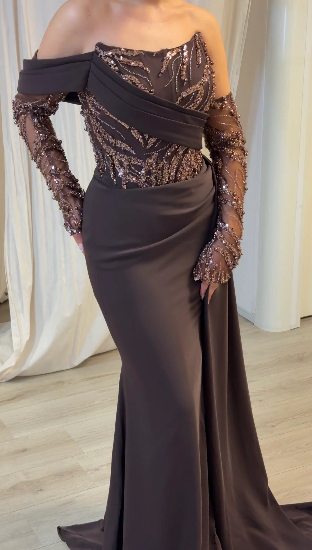 One Shoulder Detachable Long Sleeve Beaded Sequins Mermaid Evening Dress