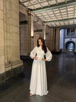 Elegant High Neck Putty Long Sleeve Button A-Line Floor-Length Evening Dress