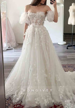 Lace 3D Floral A-Line Wedding Dress With Puff Sleeves Sweetheart Neck